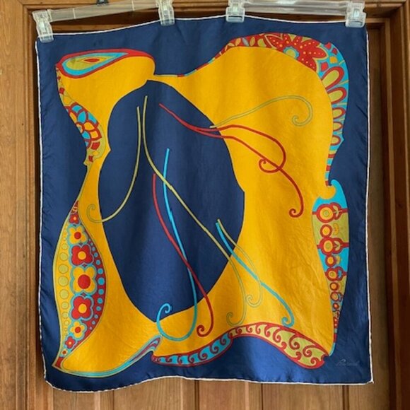 BURMEL Vintage Hand Rolled Bold Retro Print Blue Square Scarf - Picture 2 of 16